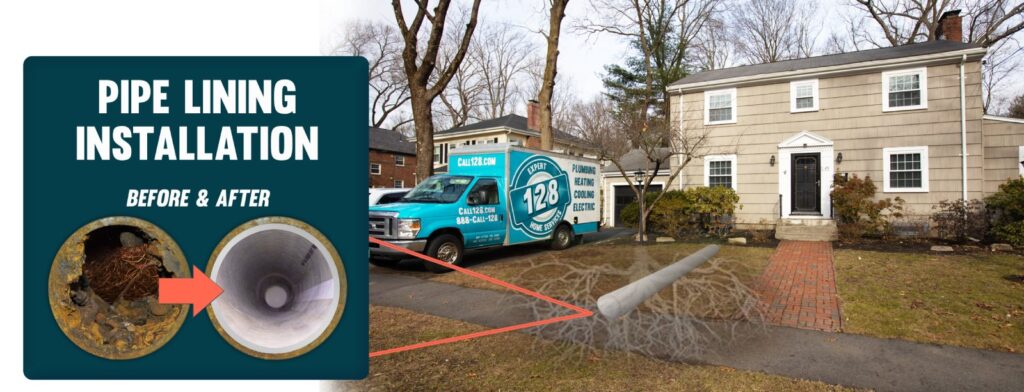 A residential pipe lining installation is shown. On the left, a graphic compares the inside of a pipe before and after lining. Outside the house, a van and equipment demonstrate the setup process, highlighting the benefits of sewer pipe lining vs residential excavation.