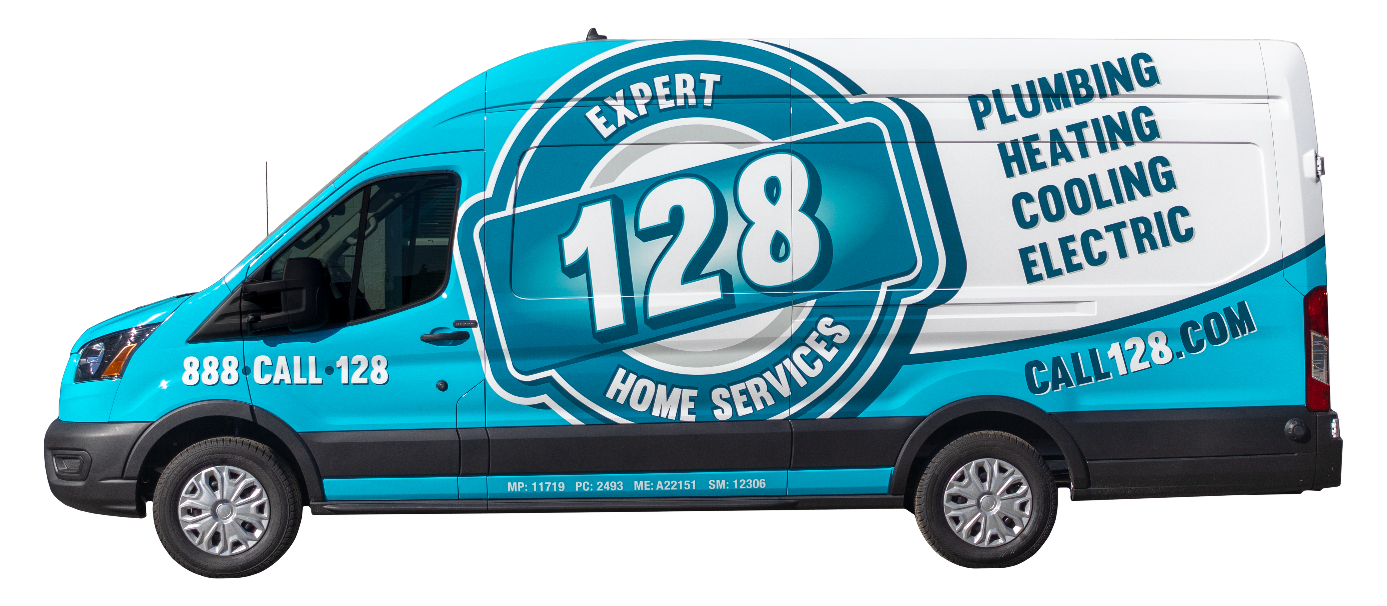 A white and blue van with "128 Expert Home Services" signage, listing plumbing, heating, cooling, and electric services. The van includes a phone number and website: 888 Call 128, Call128.com.